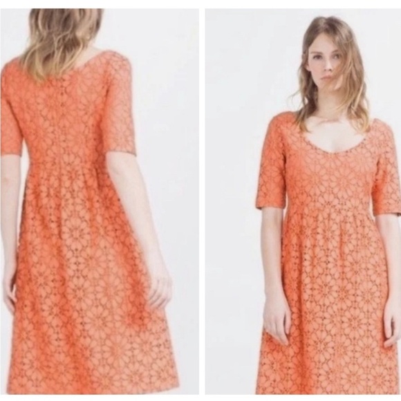 ZARA Basic Collection Coral Lace Midi Dress – Size L – Short Sleeve Fit & Flare - Picture 12 of 16